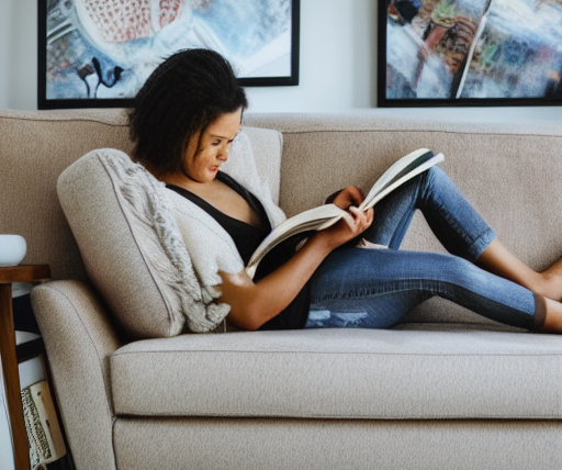 woman reading a book on a couch