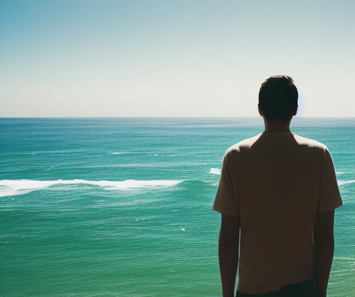 man looking at the ocean from behind