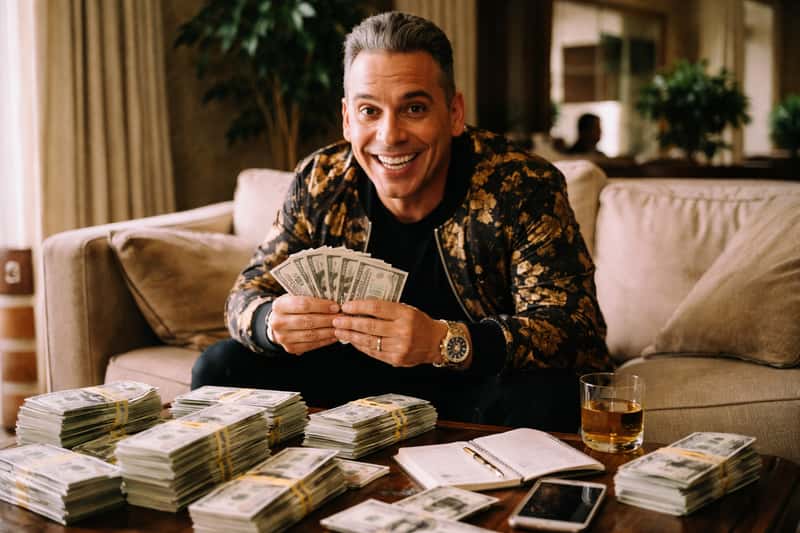 Sebastian Maniscalco in tailored suit standing before luxury Sebastian Maniscalco in tailored suit standing before luxury penthouse window overlooking city skyline at sunset