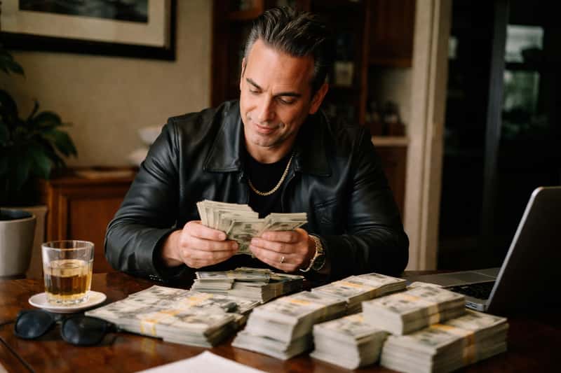 Sebastian Maniscalco in tailored suit standing in modern Sebastian Maniscalco in tailored suit standing in modern luxury penthouse with floor-to-ceiling windows overlooking city skyl