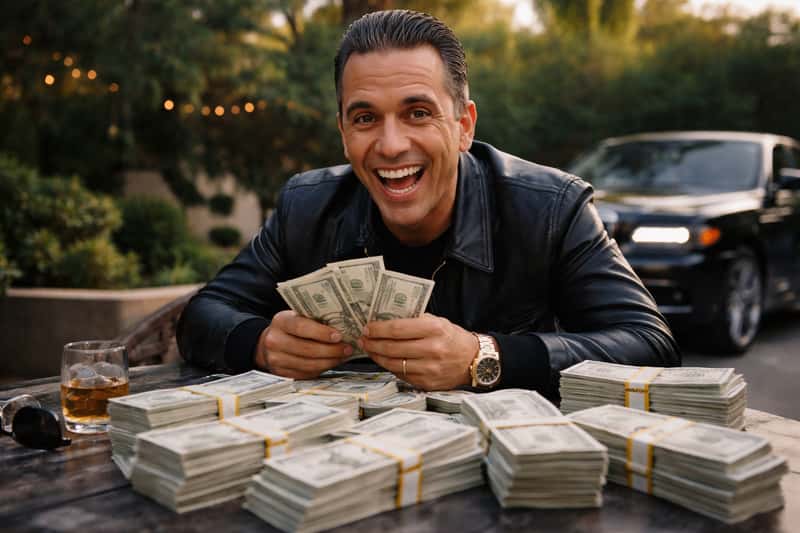 Sebastian Maniscalco in tailored suit standing in upscale Sebastian Maniscalco in tailored suit standing in upscale comedy club, gesturing during performance with spotlight illuminati